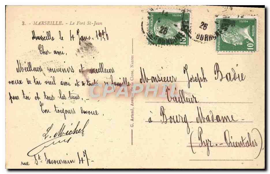 Le Fort Saint-Jean à Marseille — vue aérienne — G. Artaud, n° 189 — Verso