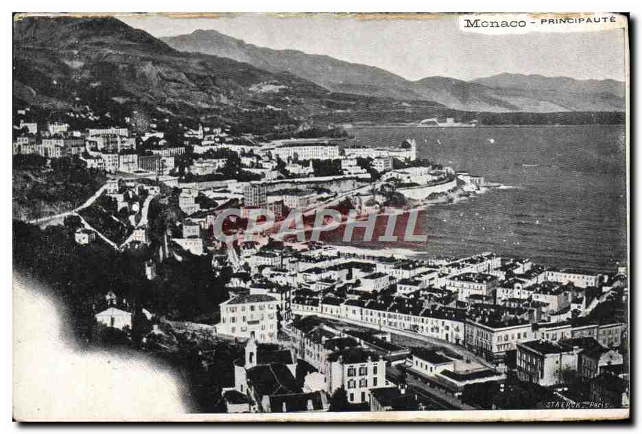 Monaco - Principauté — vue aérienne du port et des collines — éditeur Staerch, Paris - Anverso
