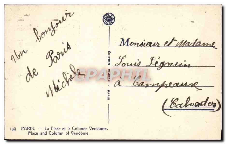 CPA Paris La place et la colonne Vendome  — Rückseite