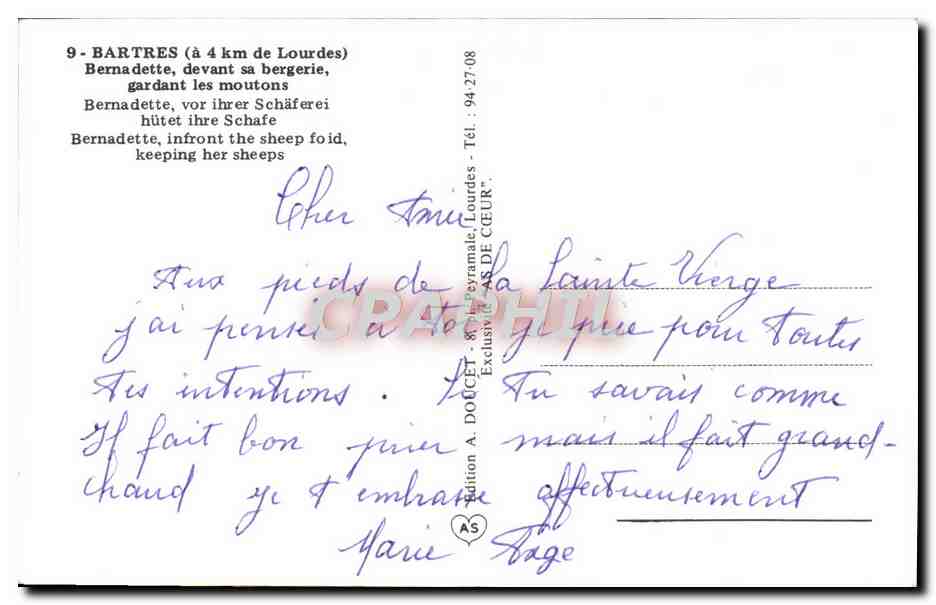 CPM Bartres Lourdes Bernadette gardant les moutons chien — Verso