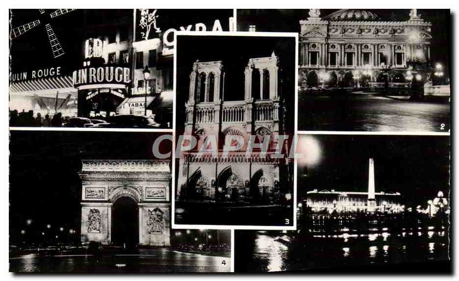 CPM Paris La Nuit Le Moulin Rouge L'Opera Notre Dame L'Arc de Triomphe de l'Etoile La place de la Concorde