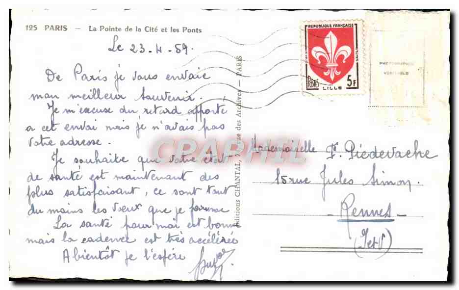 CPM Paris La Pointe de la Cite et les Ponts — Rückseite