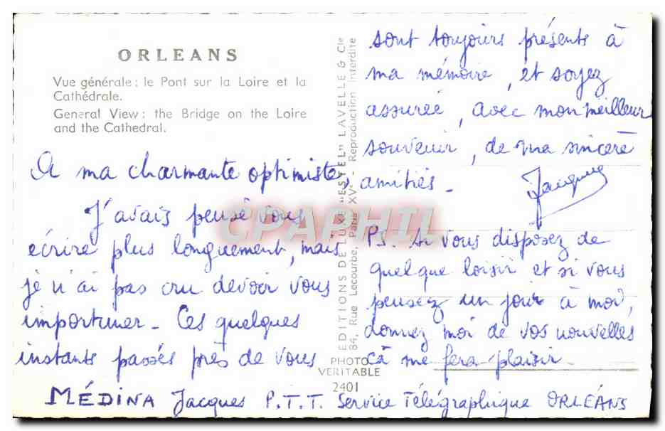 CPM Orleans Generale Le Pont Sur la Loire et la cathedrale — Verso