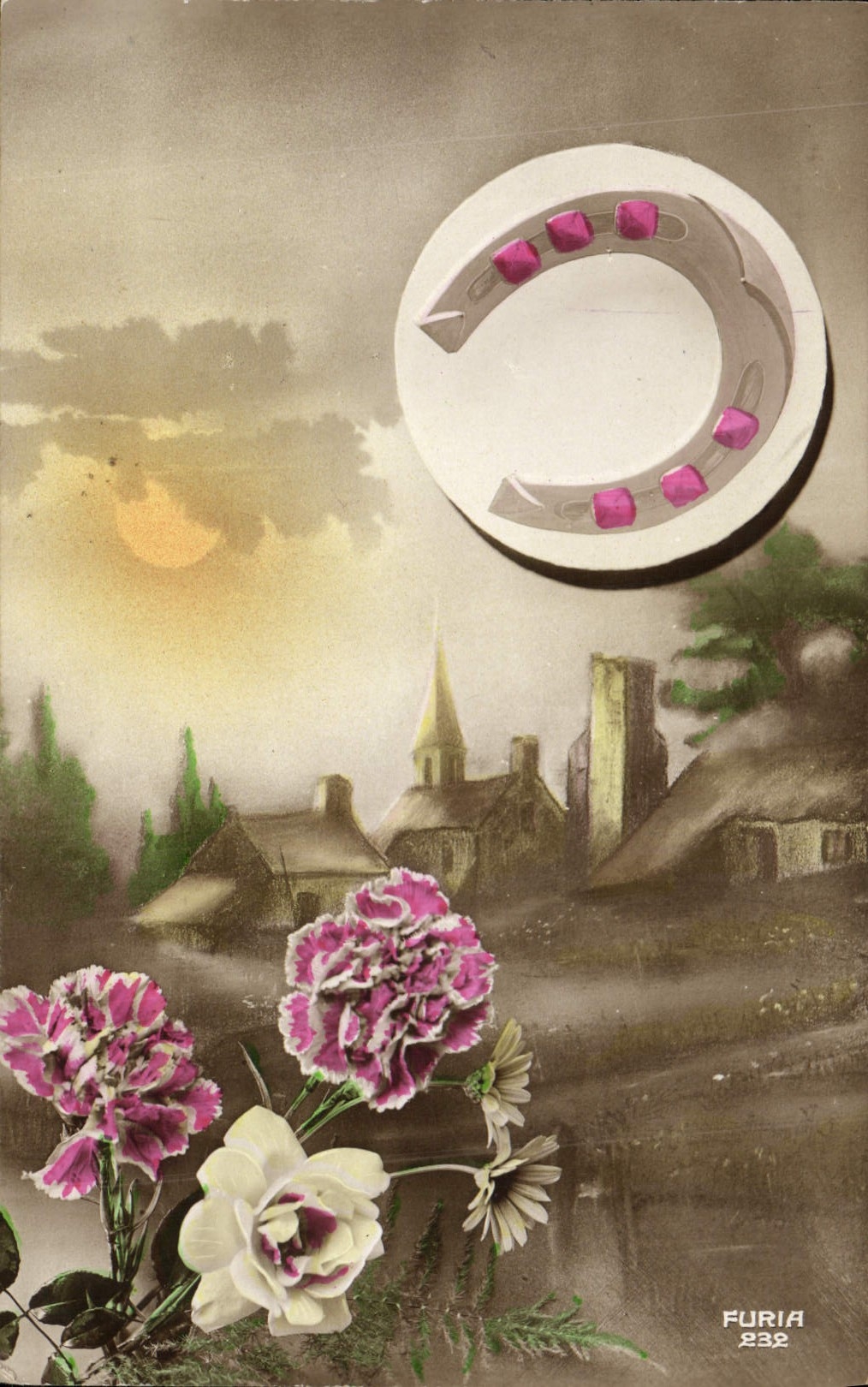 CPA Fantaisie Fleurs Fer a cheval