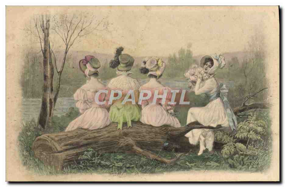 Quatre femmes en robe de style victorien — assises sur un tronc d'arbre — M.M. Vienne, n° 257