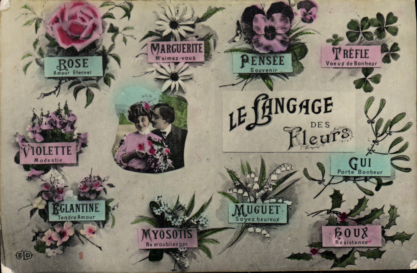 CPA Fantaisie Femme Le langage des fleurs Rose Marguerite Pensee Trefle Violette Gui Eglantine Myosotis Muguet