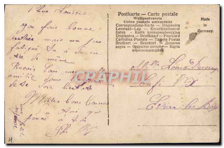 Jeune femme en robe de style Art Nouveau — tenant une lettre — éditeur : Postkarte — Made in Germany — n° 129/4 — Verso