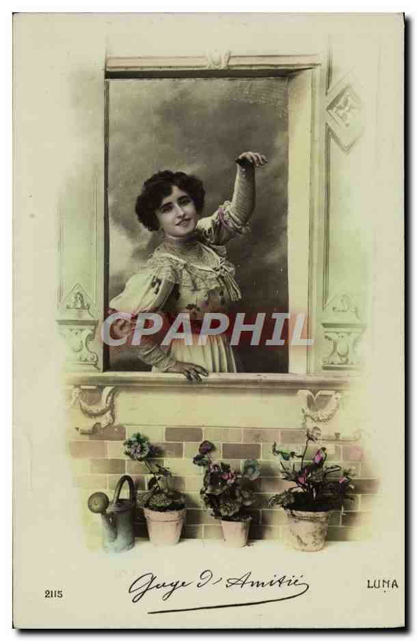 Vrouw op de balustrade — genre-scène — Guye D'Amitie, uitg. LUNA, n° 2115