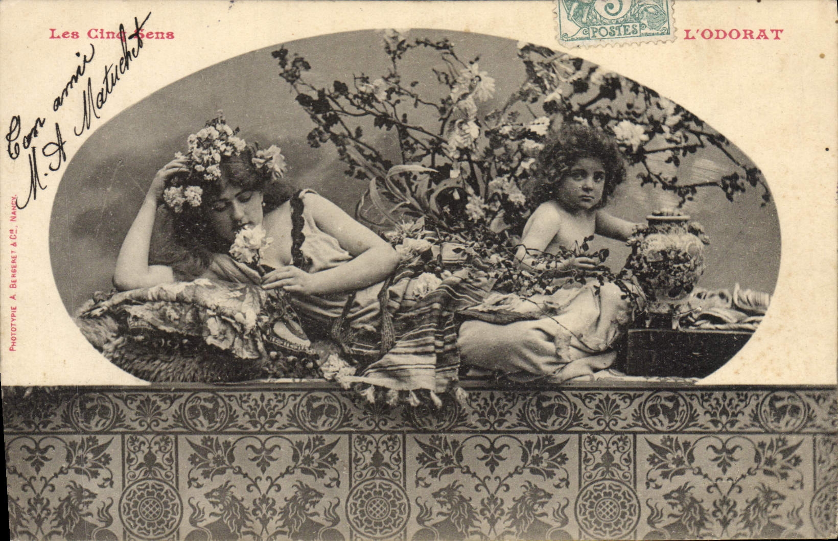 Los Cinco Sentidos — escena de jardín — Fototipo A. Beneret & Cie, Nancy