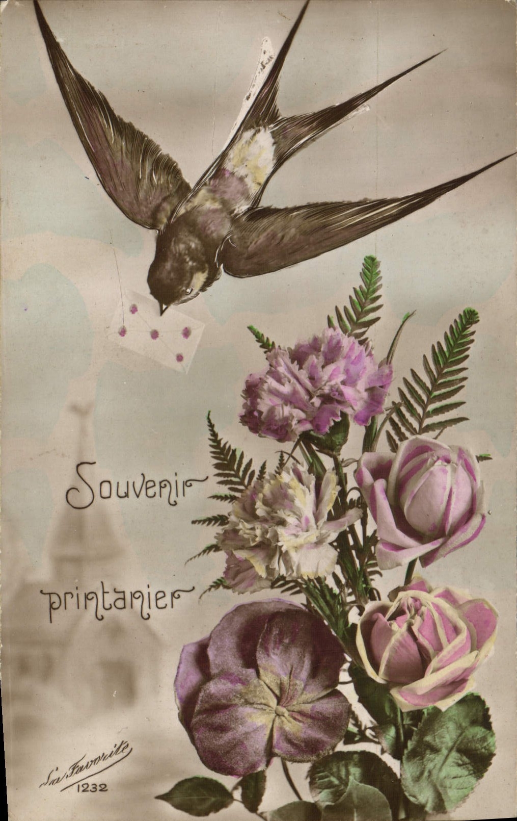 CPA Fantaisie Fleurs Oiseau Hirondelle 