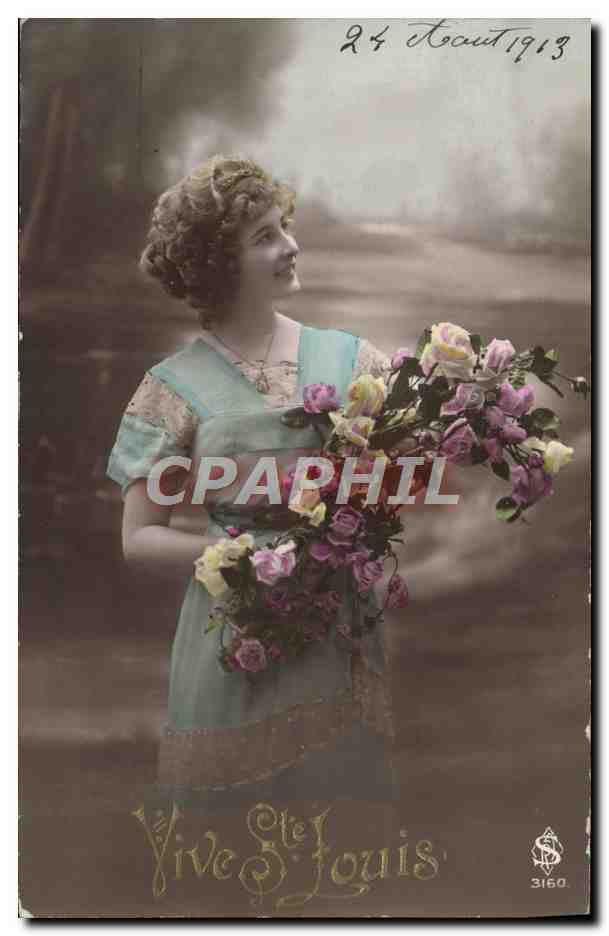 Jeune femme tenant un bouquet de roses — Vive Ste Louis — éditeur CPAPHIL n° 3164