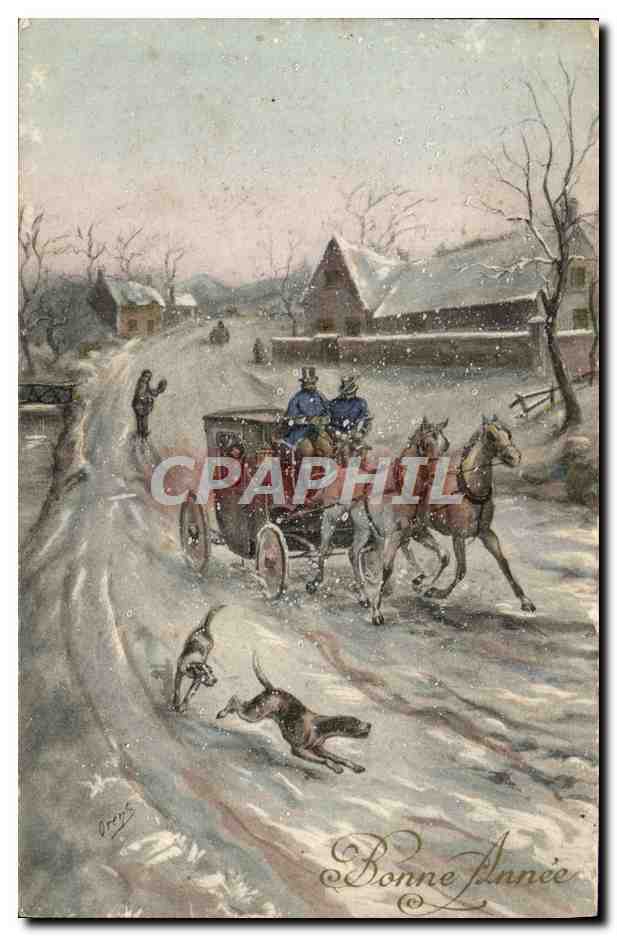 CPA Fantaisie Bonne annee Caleche Chien 
