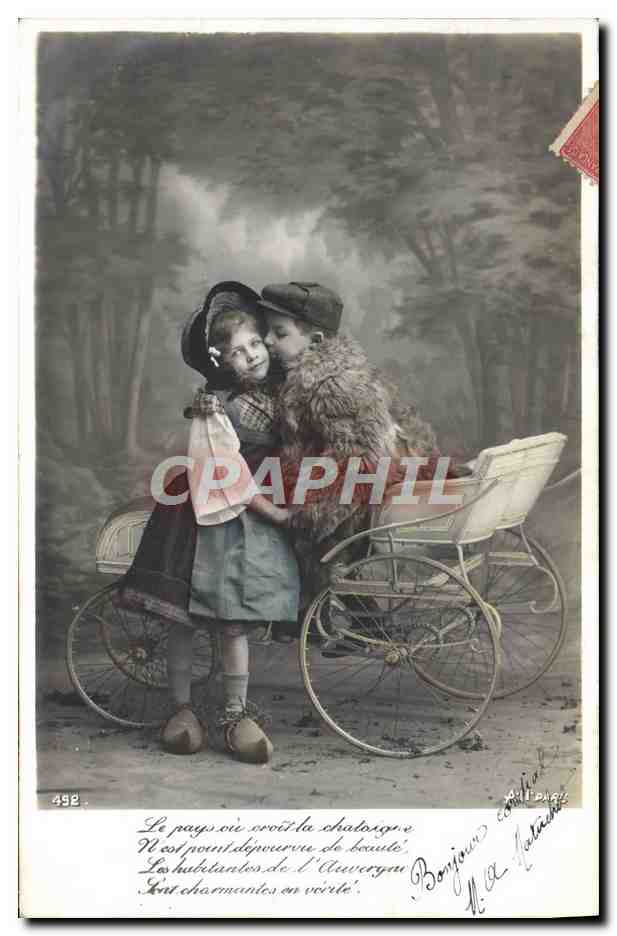Deux enfants dans un décor de forêt — Bonjour à Mme A. Nortach — éditeur M. A. Nortach, n° 492