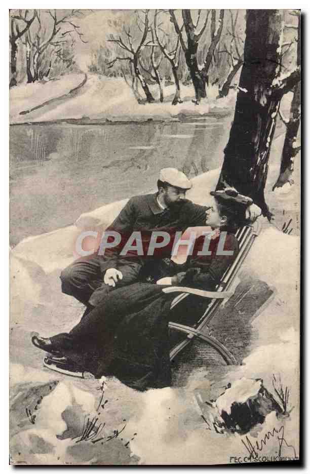 CPA Fantaisie Femme en chaise longue Patins a glace 