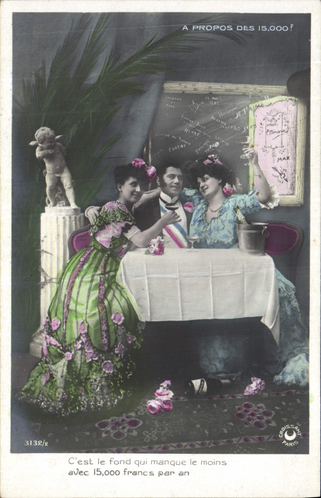 Deux femmes et un homme à table — jeu de mots sur 15.000 francs — Croissant Paris n°3132/2