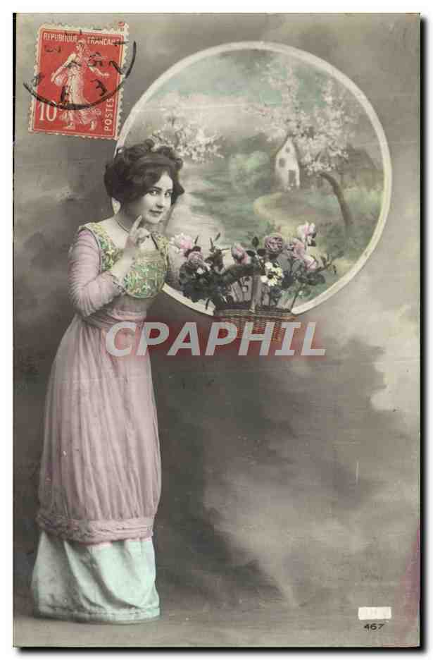Jeune femme en robe rose — paysage floral — éditeur inconnu, n° 467