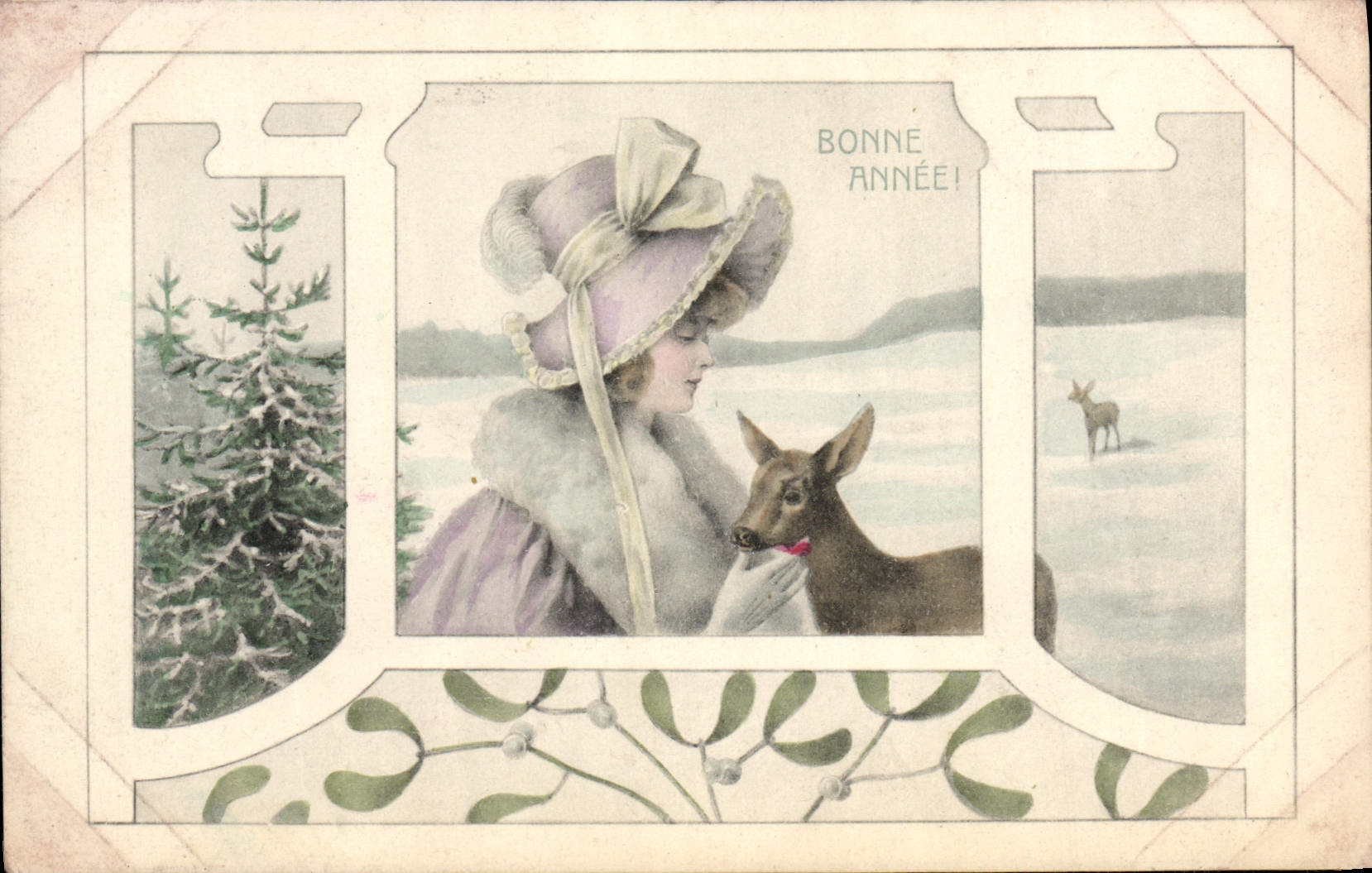 Femme en manteau et chapeau avec cerf — Bonne Année! — H. H. I. W. No. 441