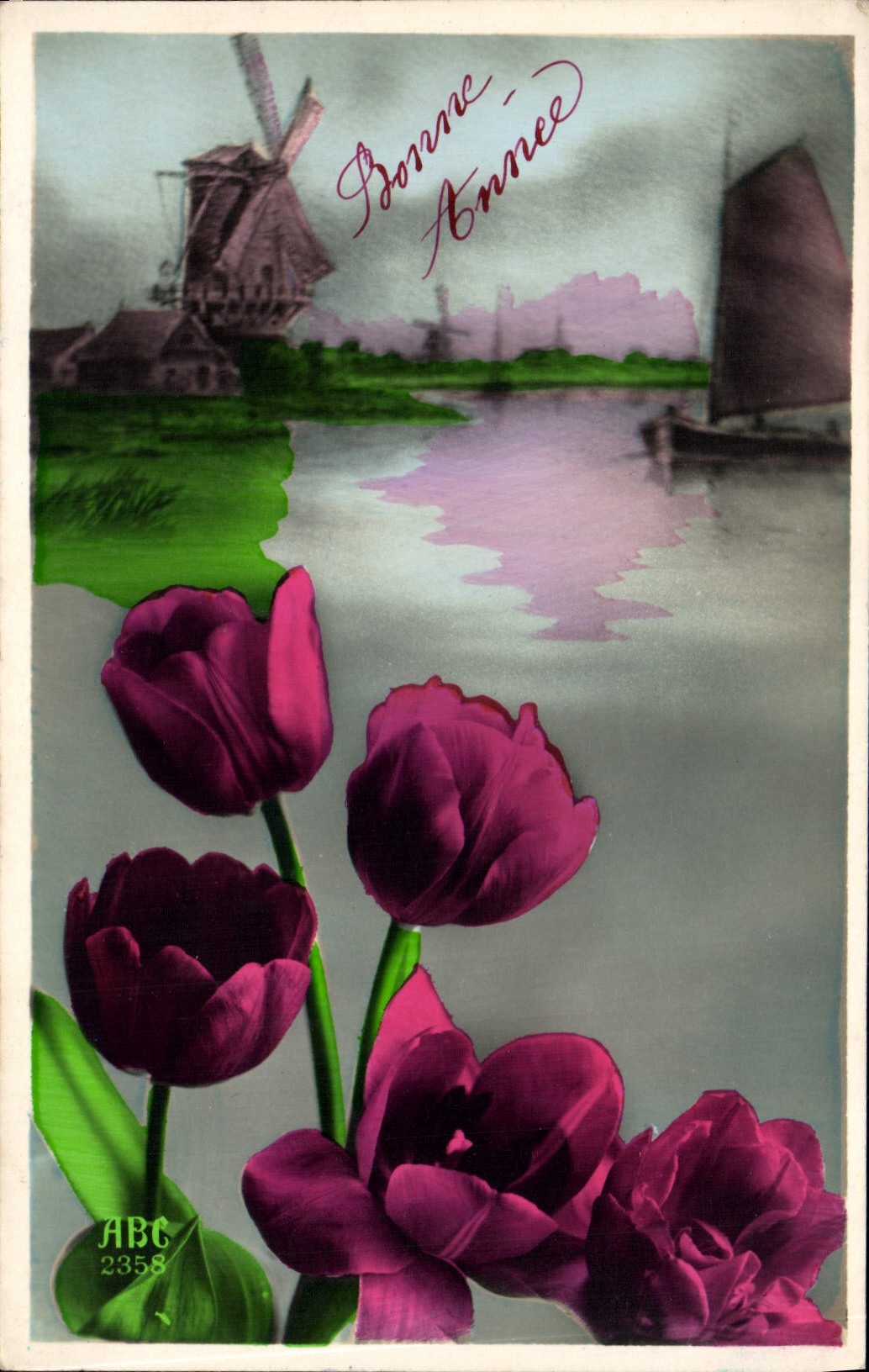 CPA Fantaisie Fleurs Moulin a vent