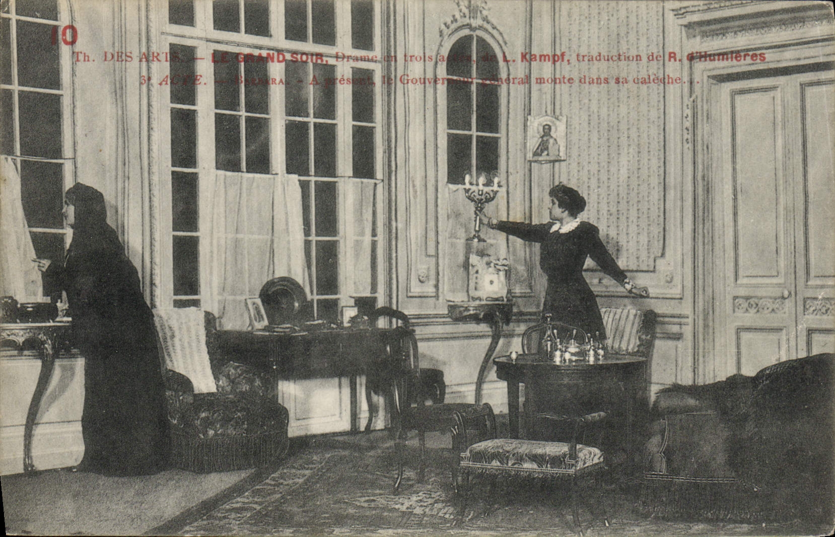 Th. DES ARTS — LE GRAND SOIR — 3. AKT — Szene: Der Generalgouverneur steigt in seine Kutsche ein - Vorderseite