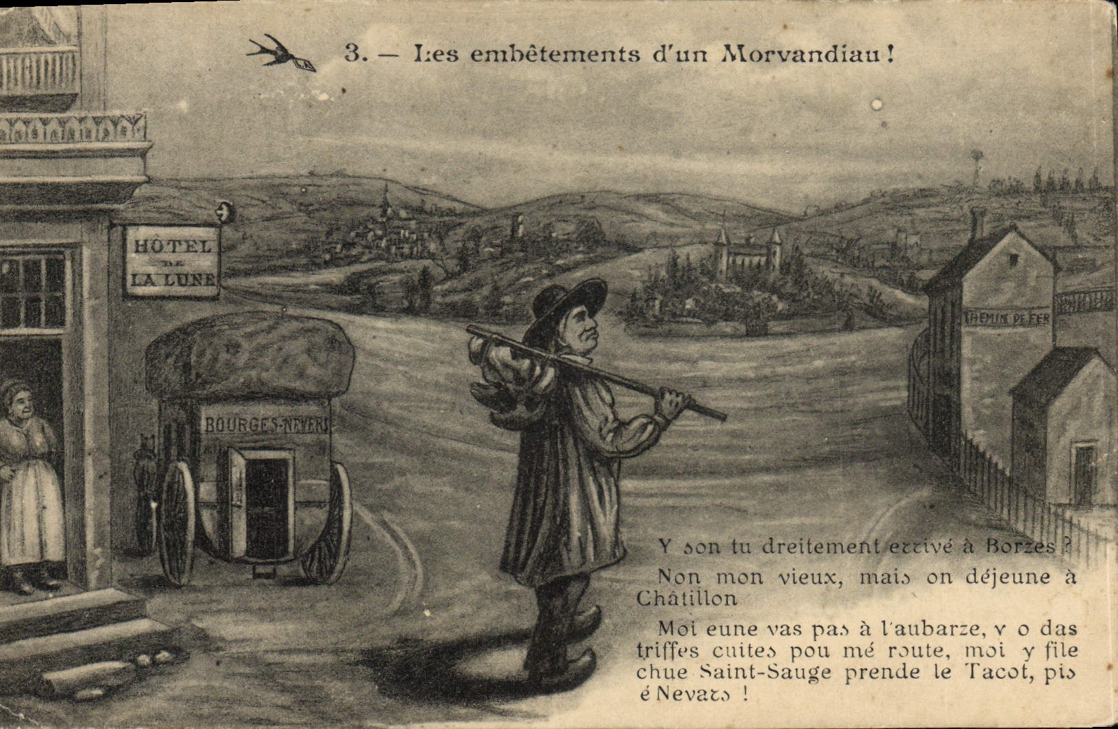 Les embêtements d'un Morvandiau — Hôtel de la Lune, Bourges-Never, chemin de fer — illustration humoristique