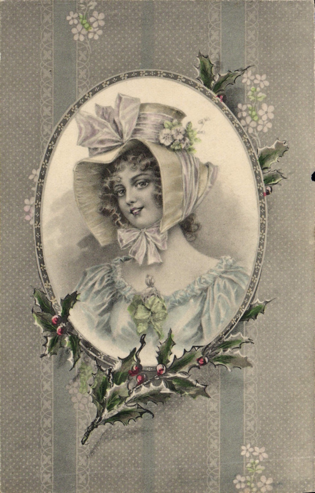 Joven mujer con gorro de noche — decorado de houx — editor Aquarelles & F. Nanterre