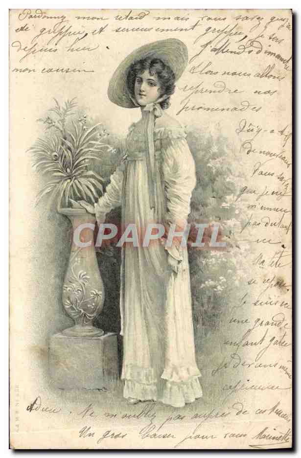 Jeune femme en robe longue et chapeau — illustration — éditeur non identifié