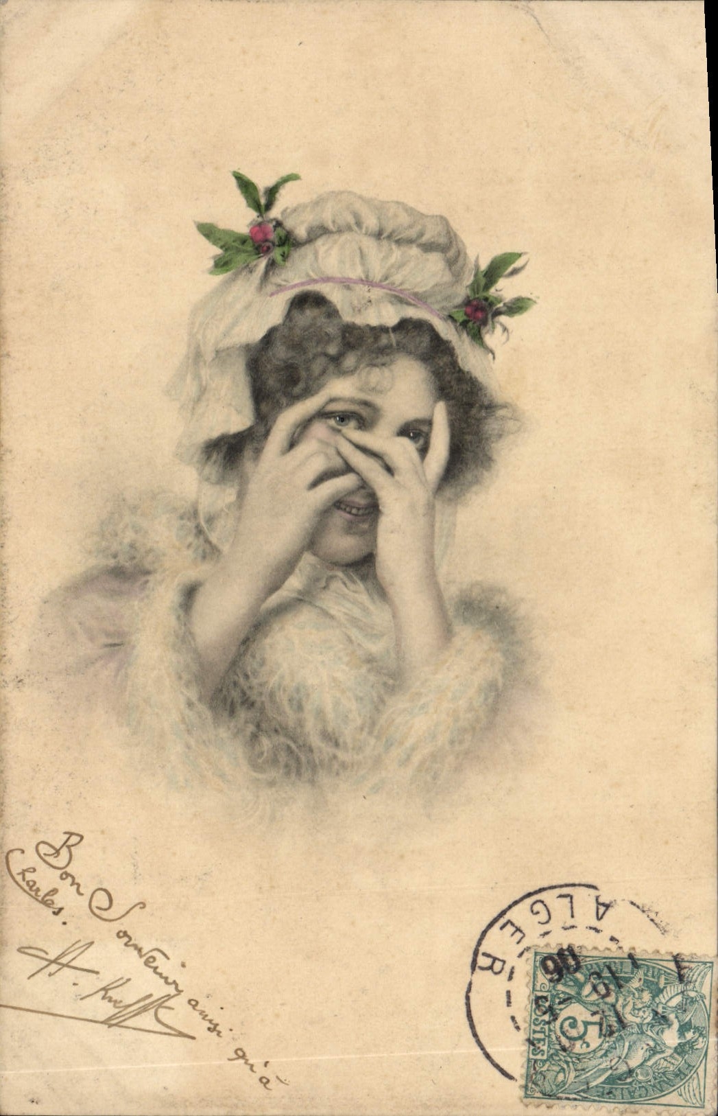 Jeune femme souriante avec un bandeau floral — H. Knell — n° 100