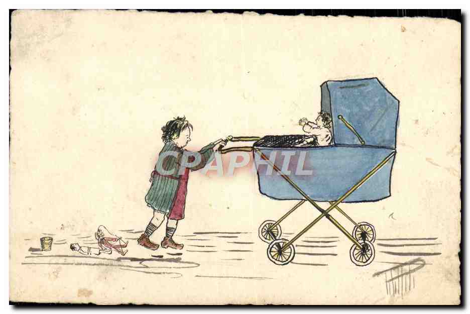 Enfant poussant un landau — illustration — éditeur non visible