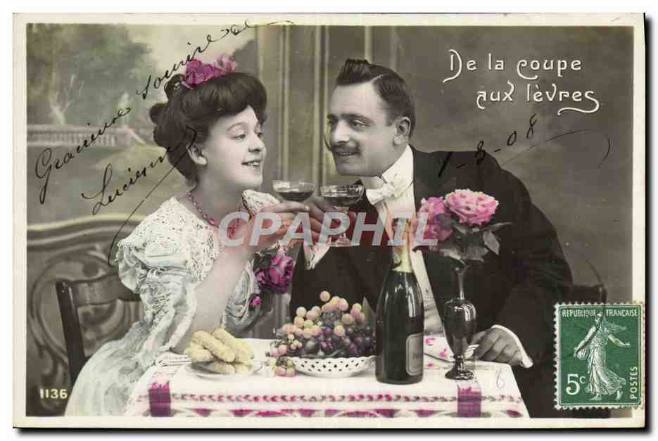 Coppia festiva a la mesa — De la coupe aux lèvres — editor desconocido, n° 1136