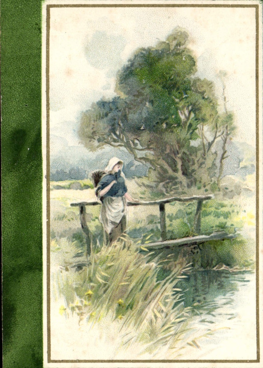 Frau, die ein Last auf einer Brücke trägt — Illustration — Verleger und Seriennummer nicht lesbar
