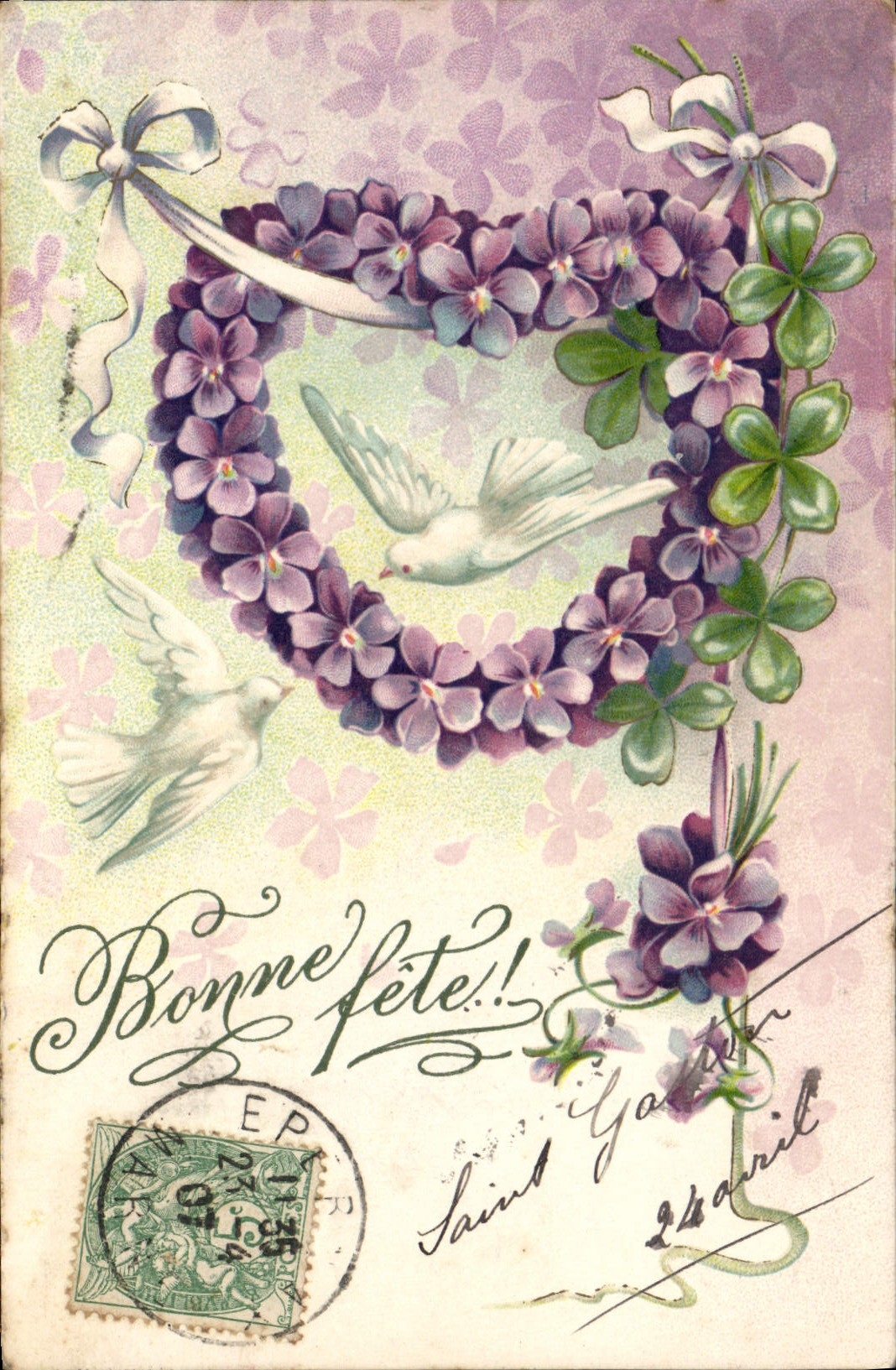 CPA Fantaisie Fleurs Coeur Colombe