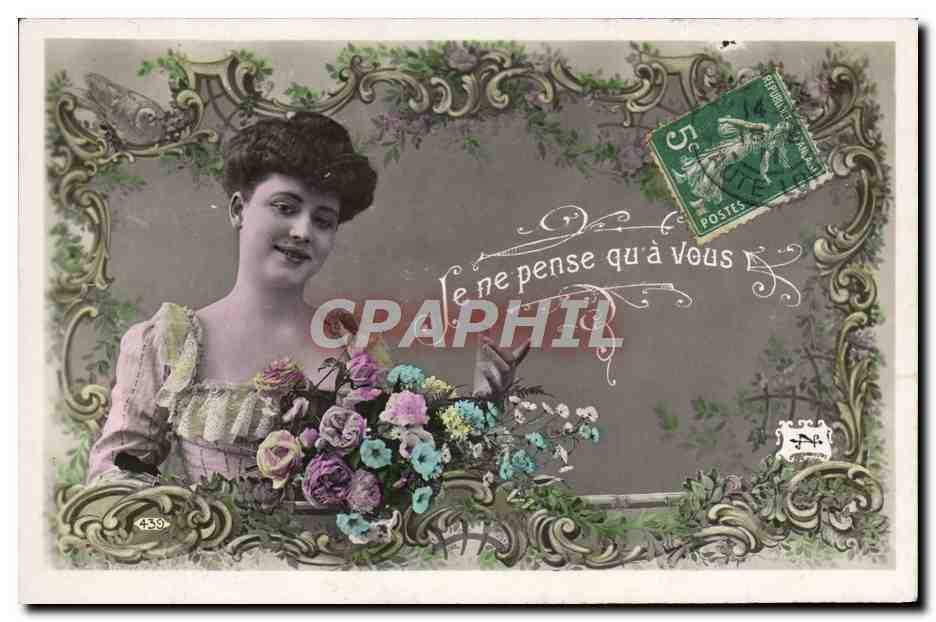 Frau mit Blumenstrauß — Text 'Je ne pense qu'à vous' — anonymer Verlag, Nr. 439