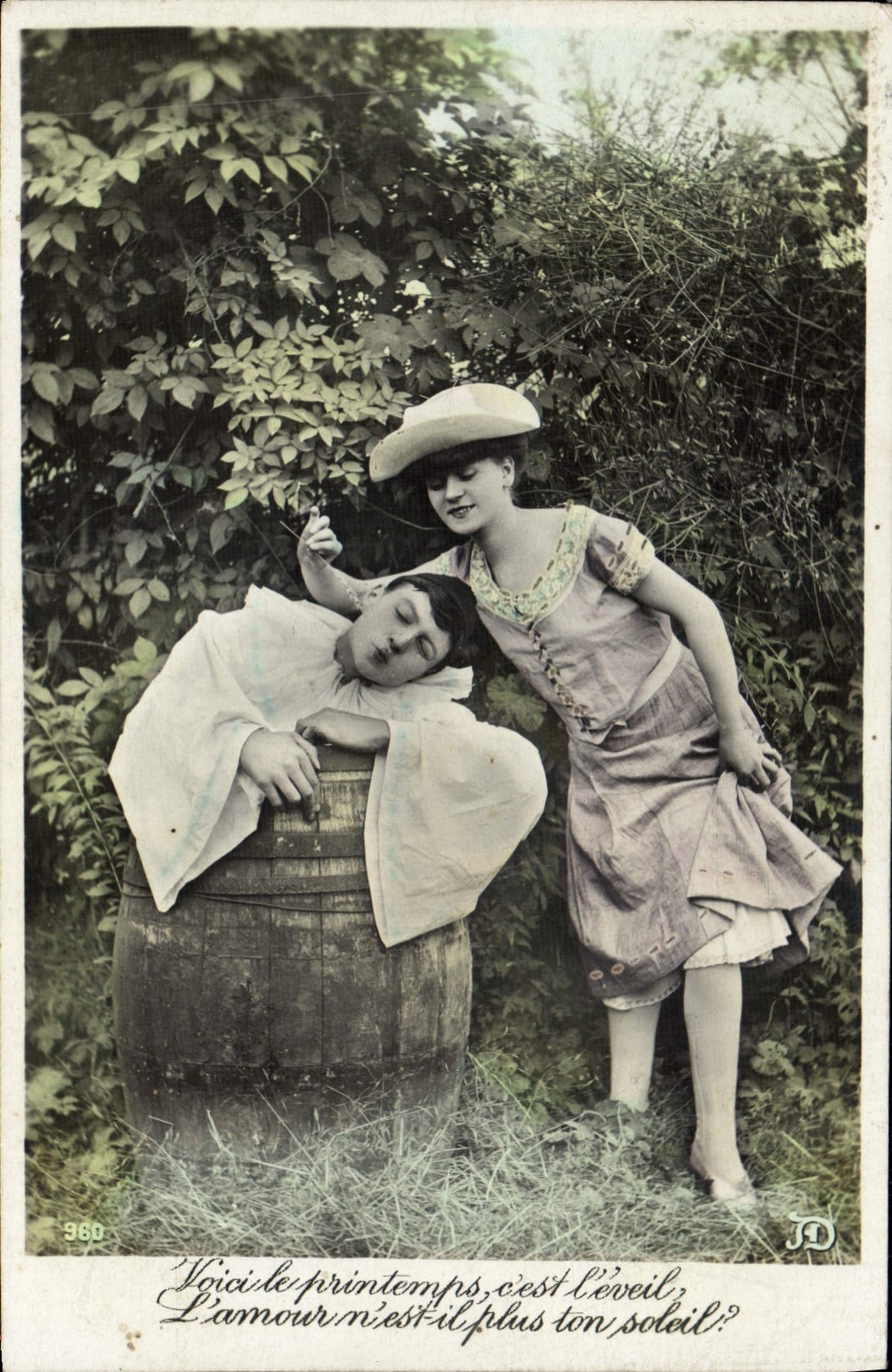 Junge Frau und schlafender Mann — Frühlingsszene — Verlag JD, Nr. 960