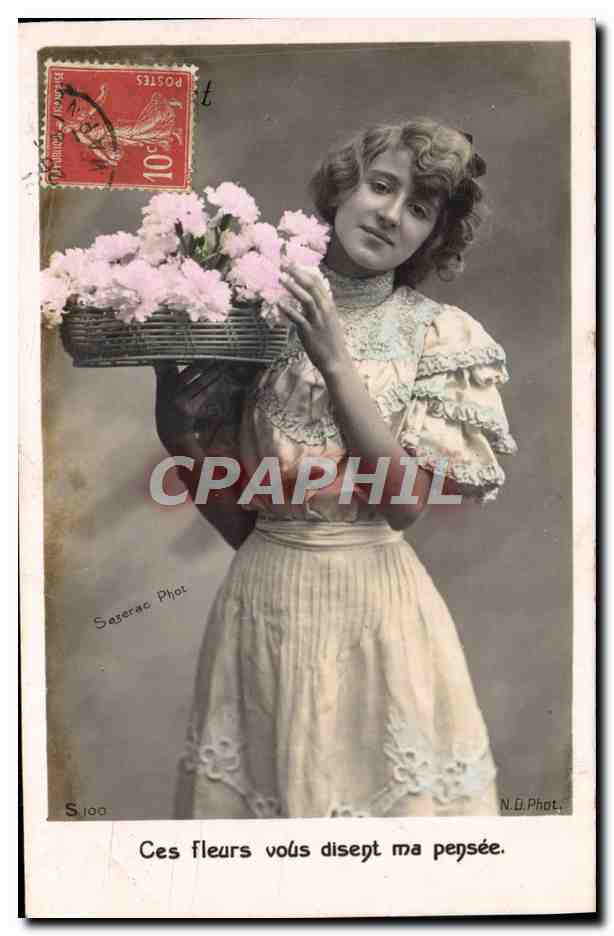 Jeune fille tenant un panier de fleurs — Saserne Phot. — N.D. Phot. — S.100