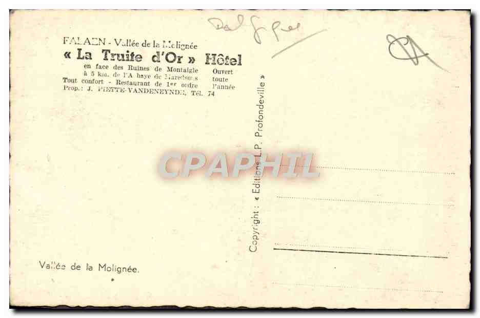 CPA Falen Vallee de la melignee la truite d'or Hotel — Rückseite