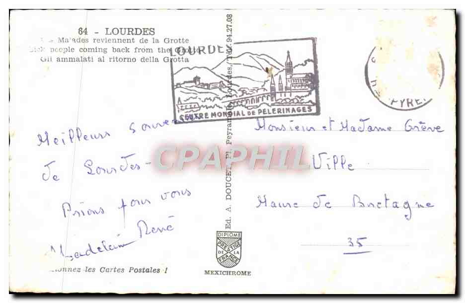 CPM Lourdes Les malades Reviennent de la Grotte — Verso