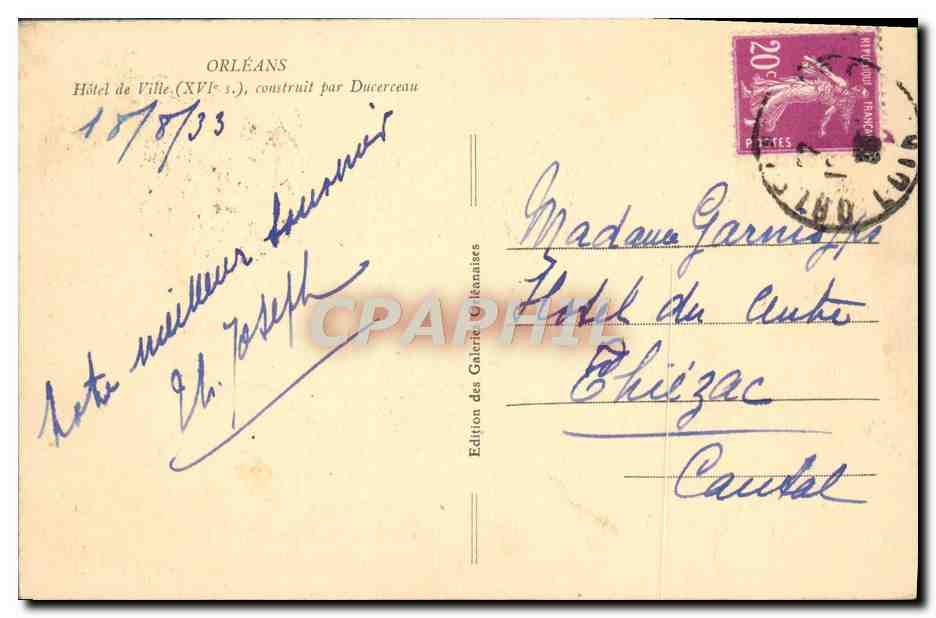 CPA Orleans Hotel de Ville Automobile — Verso
