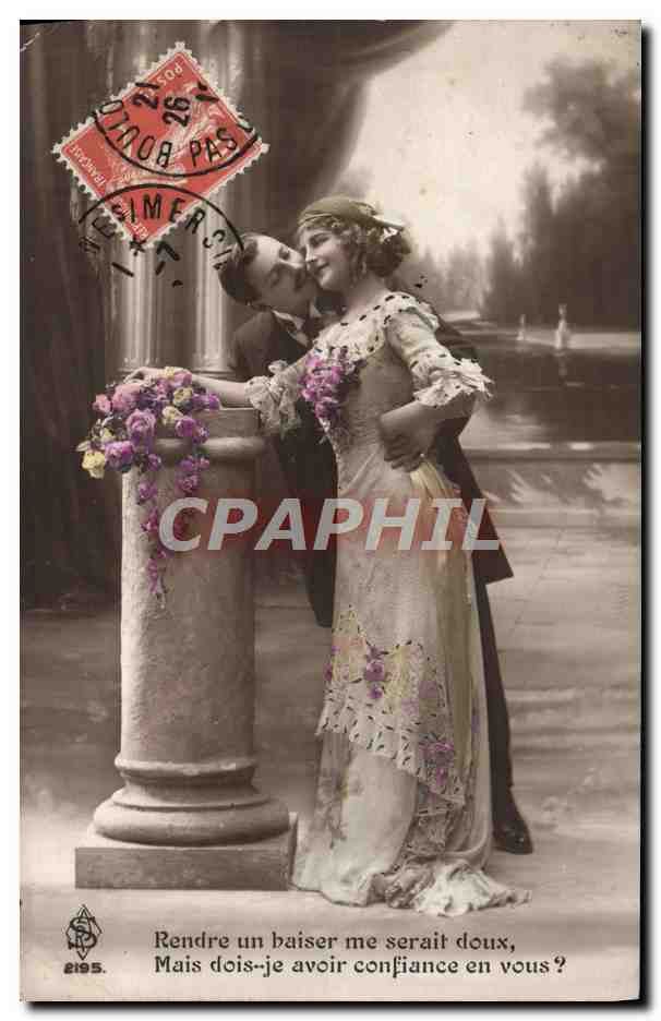 Jeune couple enlacé — scène de jardin — éditeur S.S. n° 2195