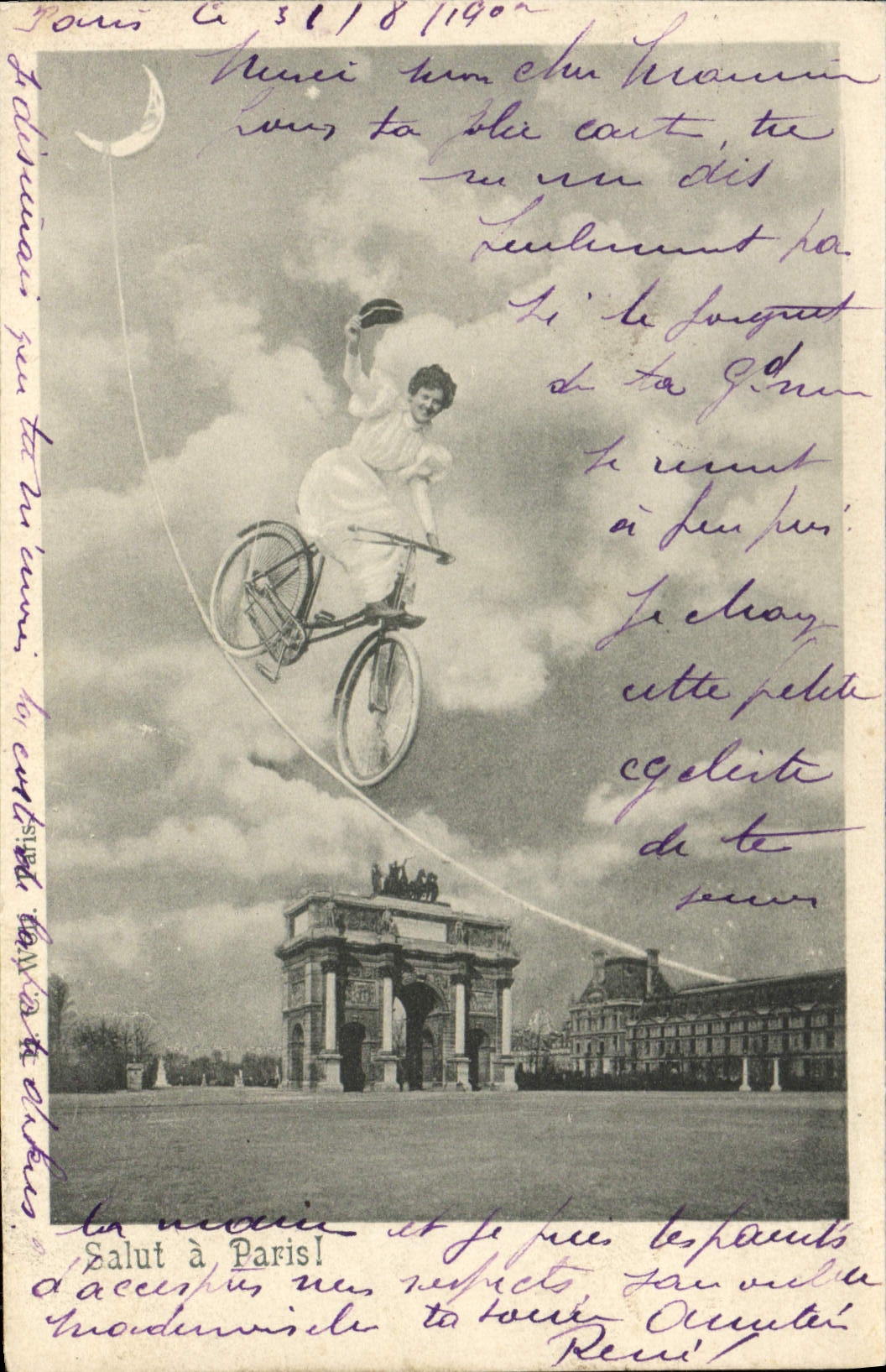CPA Fantaisie Femme Velo Cycle Paris Lune Arc de Triomphe 