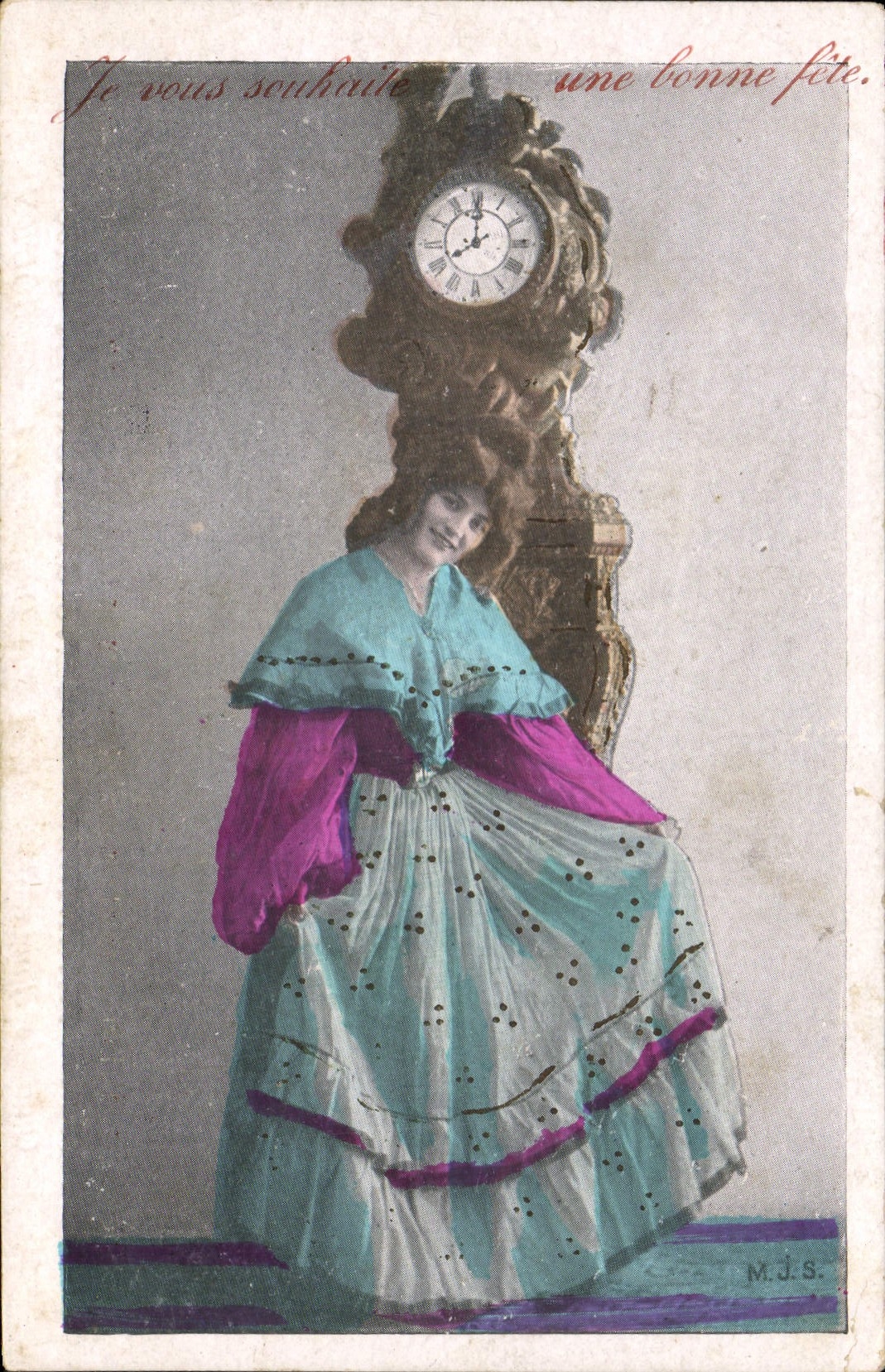 Woman in front of a large clock — M.J.S. — Maison MAGNIEZ - Octave CARBONNET Succr, Rouen