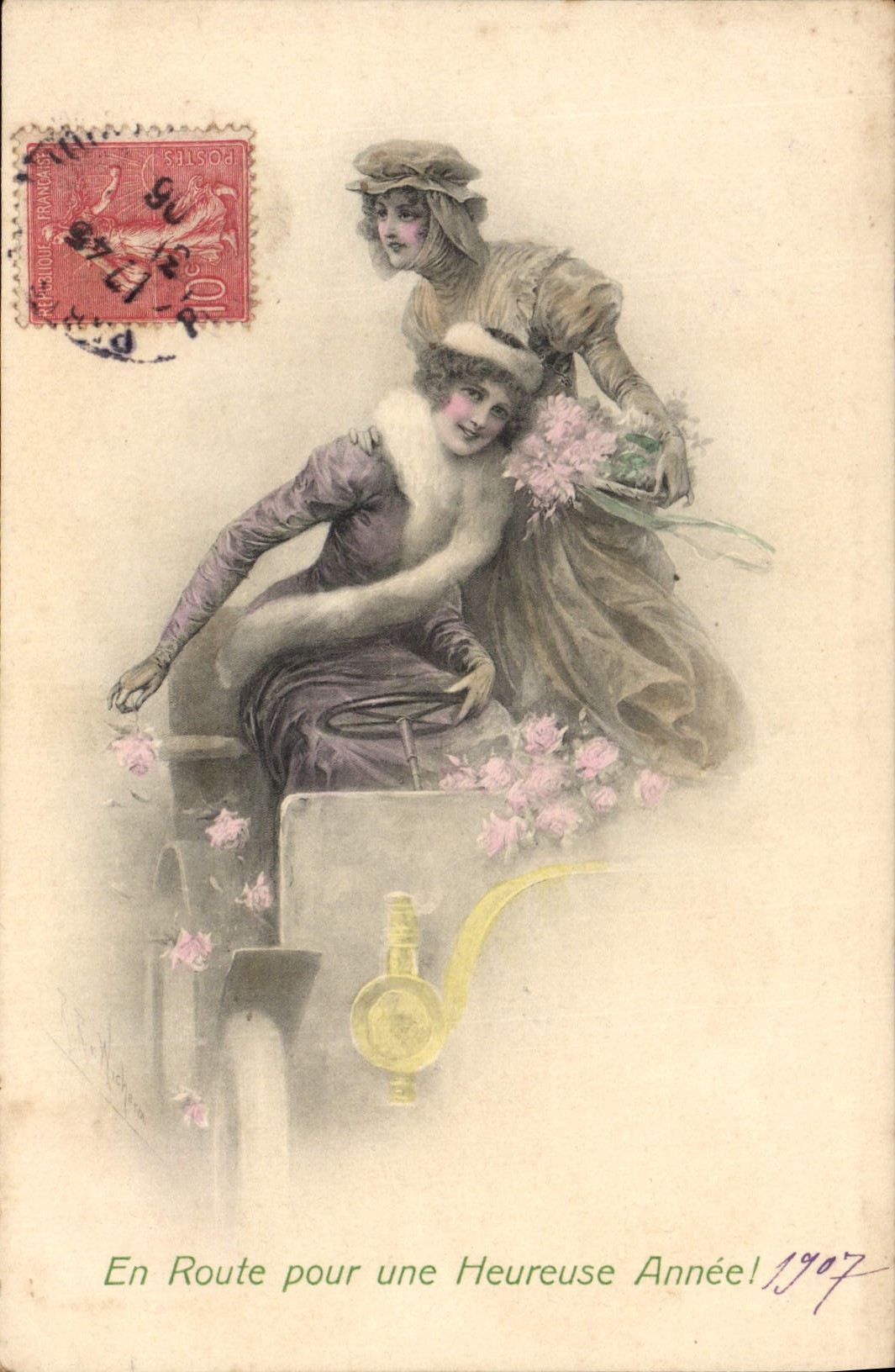 Deux femmes dans une voiture — En Route pour une Heureuse Année! 1907 — Éditeur M. M. VIERNE, n° 240