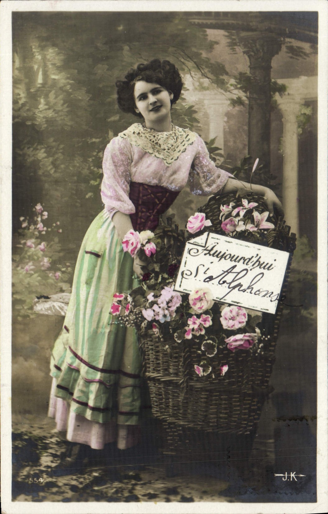 Joven mujer con cesto de flores — 'Aujourd'hui siotolphons' — J.K. n°554