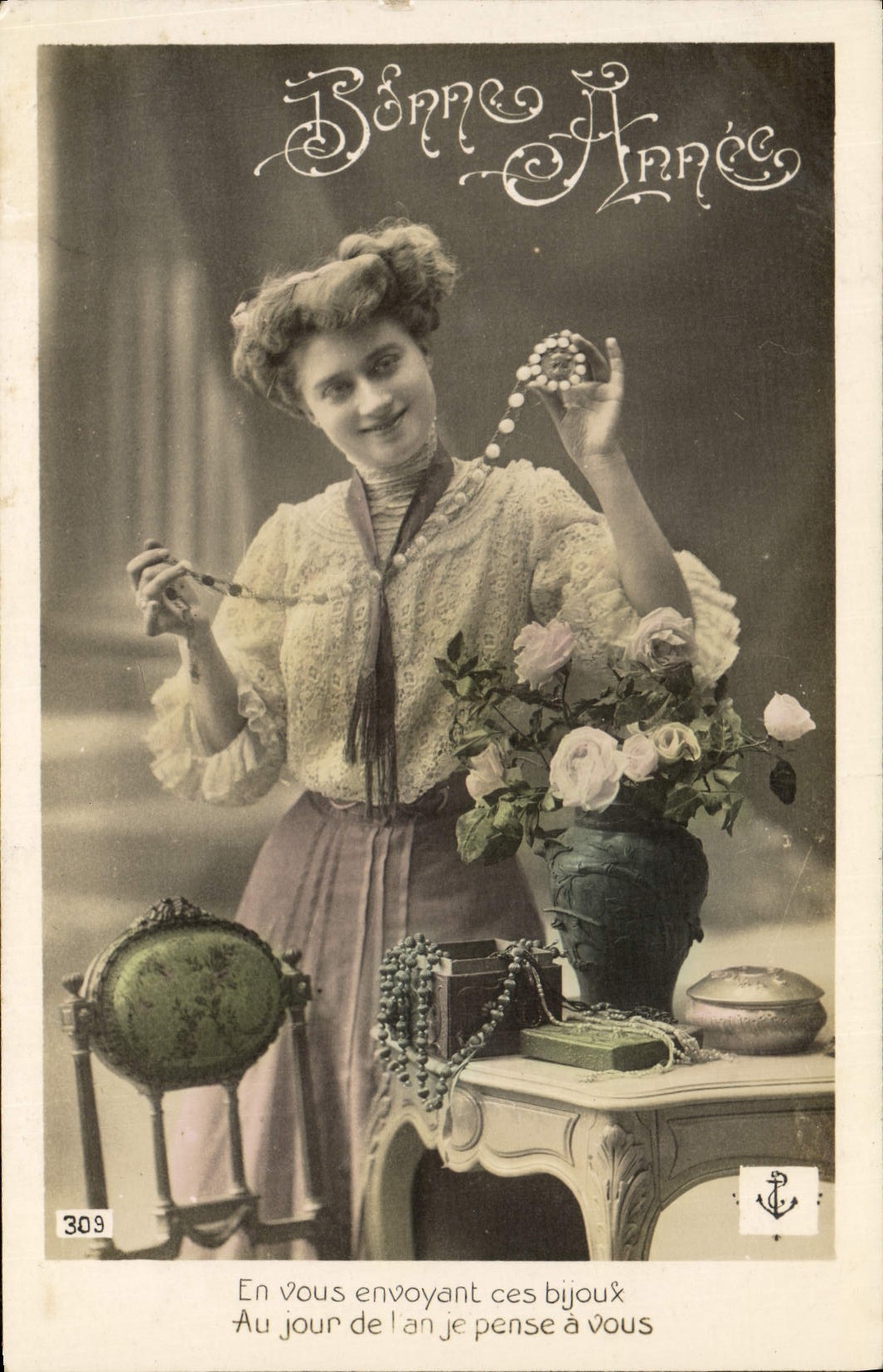 Femme avec bijoux — carte postale de la série Bonne Année n°309 — éditeur Bonne Année