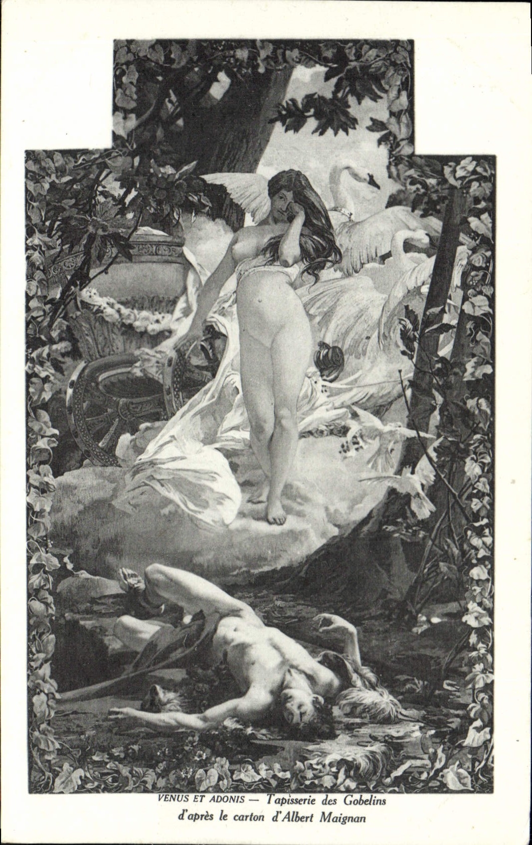 CPA Fantaisie Venus et Adonis Tapisserie des Gobelins Albert Maignan Cygne 