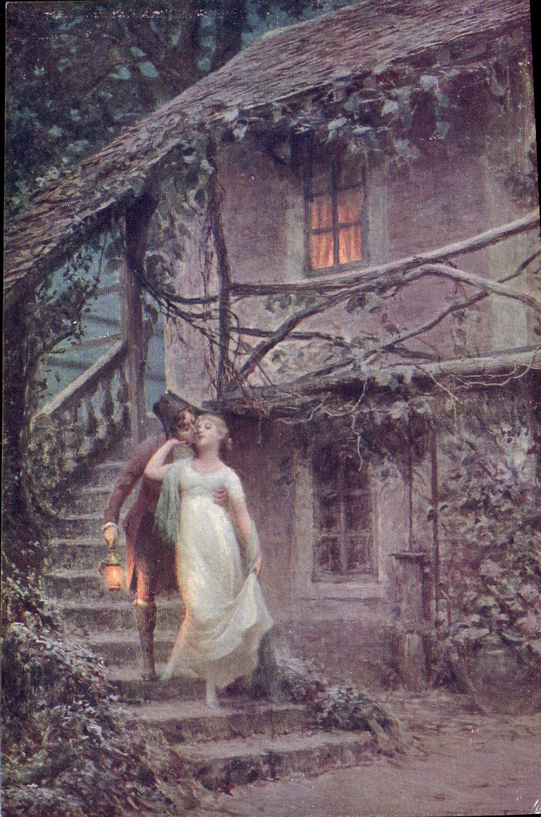 Un couple au seuil d'une maison — scène romantique — Luxochromie S.A.F. N° 113