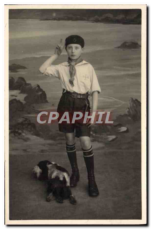 CARTE PHOTO Enfant Scout Chien 