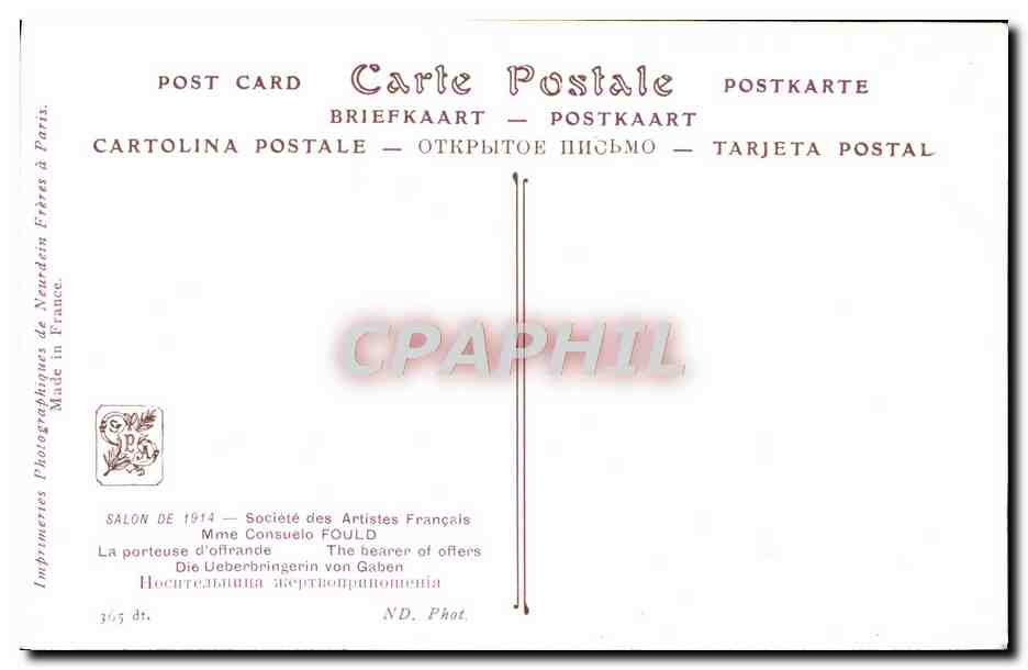 La porteuse d'offrande — Salon de 1914 — Imprimeries Photographiques de Neurdein Frères — Verso