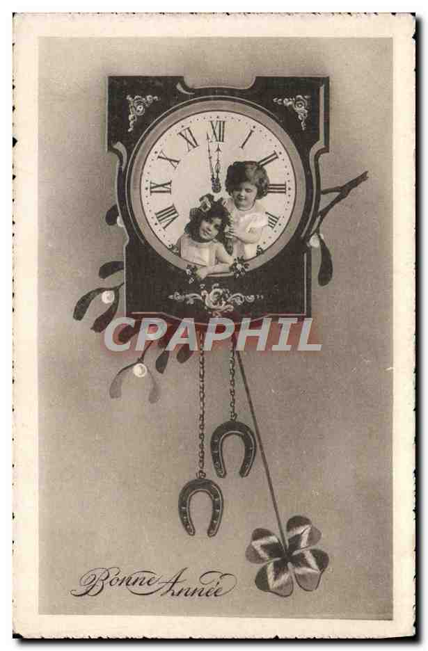 CPA Fantaisie Enfants Horloge Fer a cheval Trefles