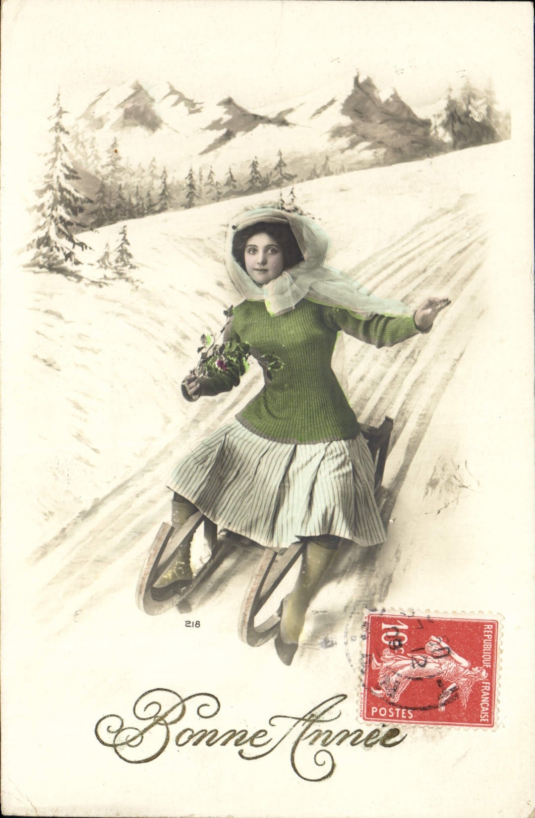 Femme sur traîneau en montagne — Bonne Année — Éditeur inconnu, n° 218