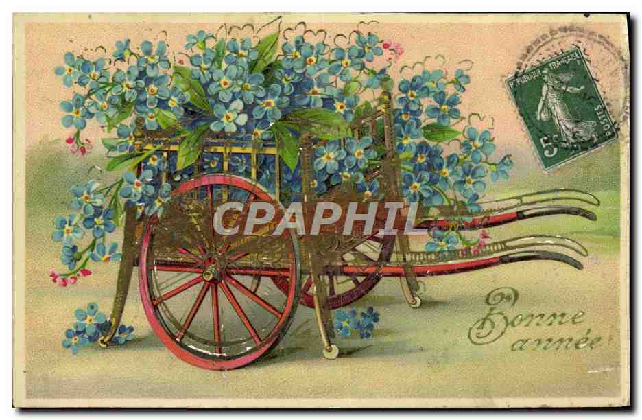 CPA Fantaisie Fleurs Charette